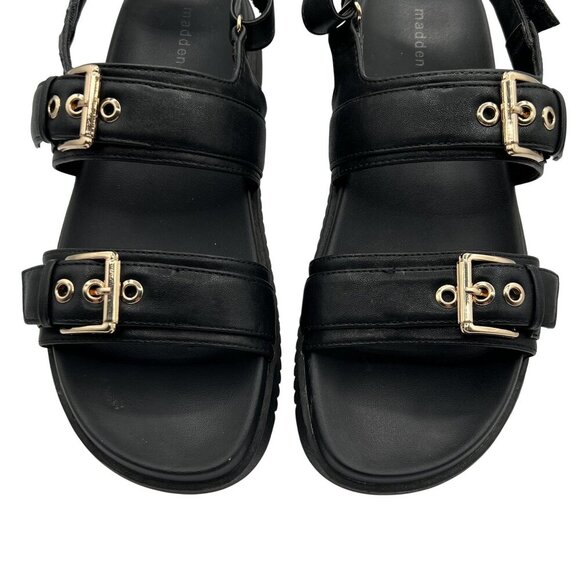Madden Girl 9.5 Black Sprintt Sandals Gold Buckle Chunky Comfort Footbed Witchy - Picture 9 of 11